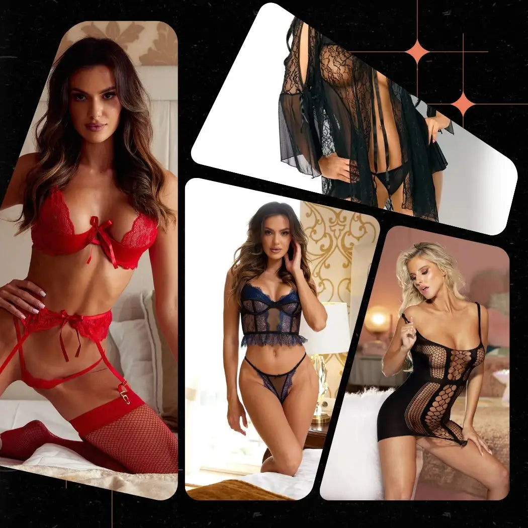 Red lace lingerie set with fishnet accents and adjustable straps.