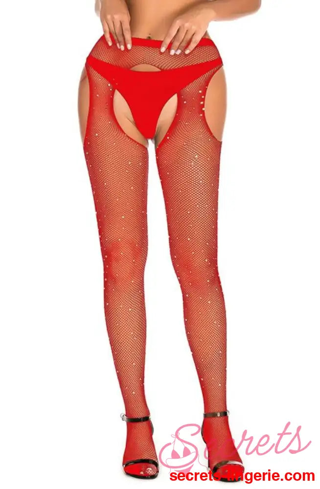 YesX YX852 Sparkly Fishnet Red - Red / XS/M