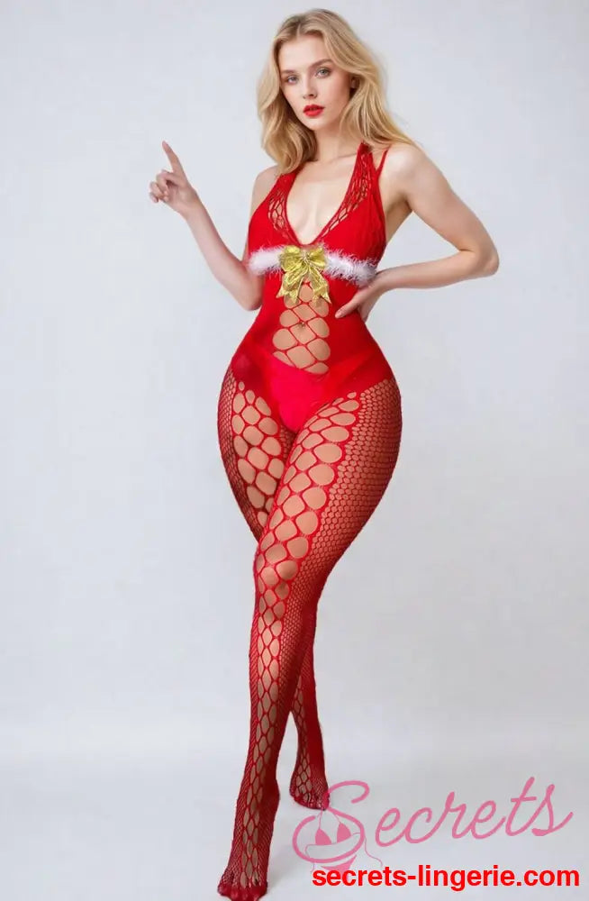 YesX YX876 Christmas Fluffy Bodystocking - Red / One Size (S-L)