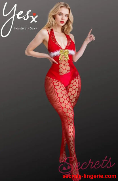 YesX YX876 Christmas Fluffy Bodystocking - Red / One Size (S-L)