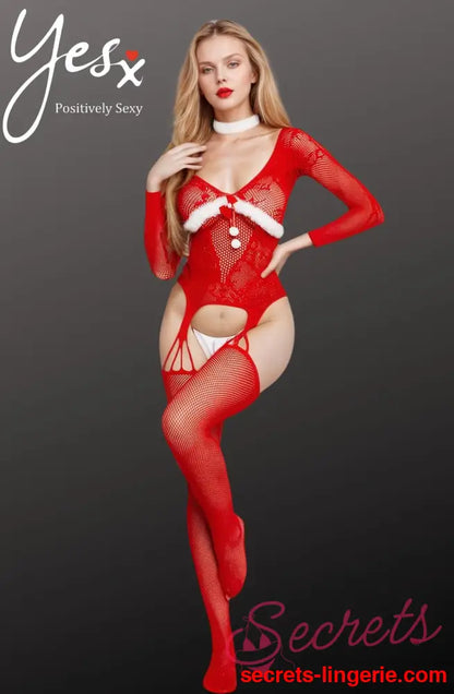 YesX YX878 Christmas Fishnet Bodystocking - Red / One Size (S-L)