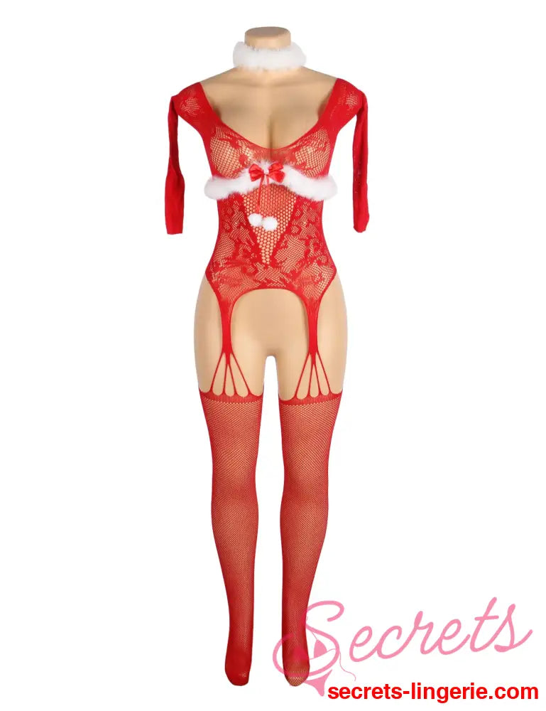 YesX YX878 Christmas Fishnet Bodystocking - Red / One Size (S-L)