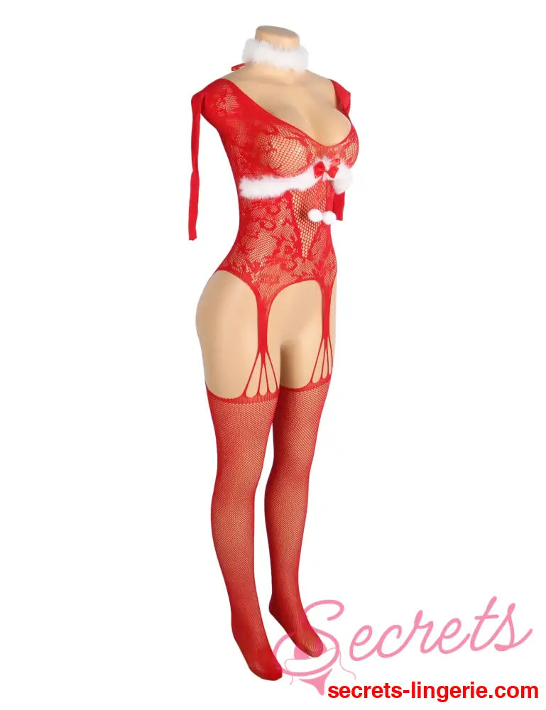 YesX YX878 Christmas Fishnet Bodystocking - Red / One Size (S-L)