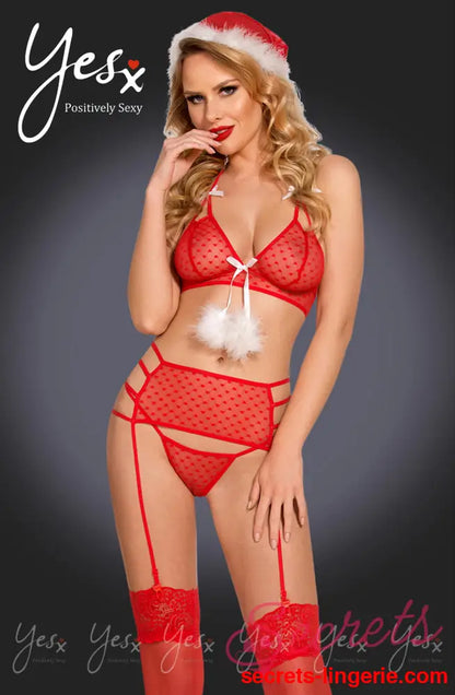 YesX YX945 5pc Red Hat Bra Garter Thong & Stockings Set - Red/White / S/M