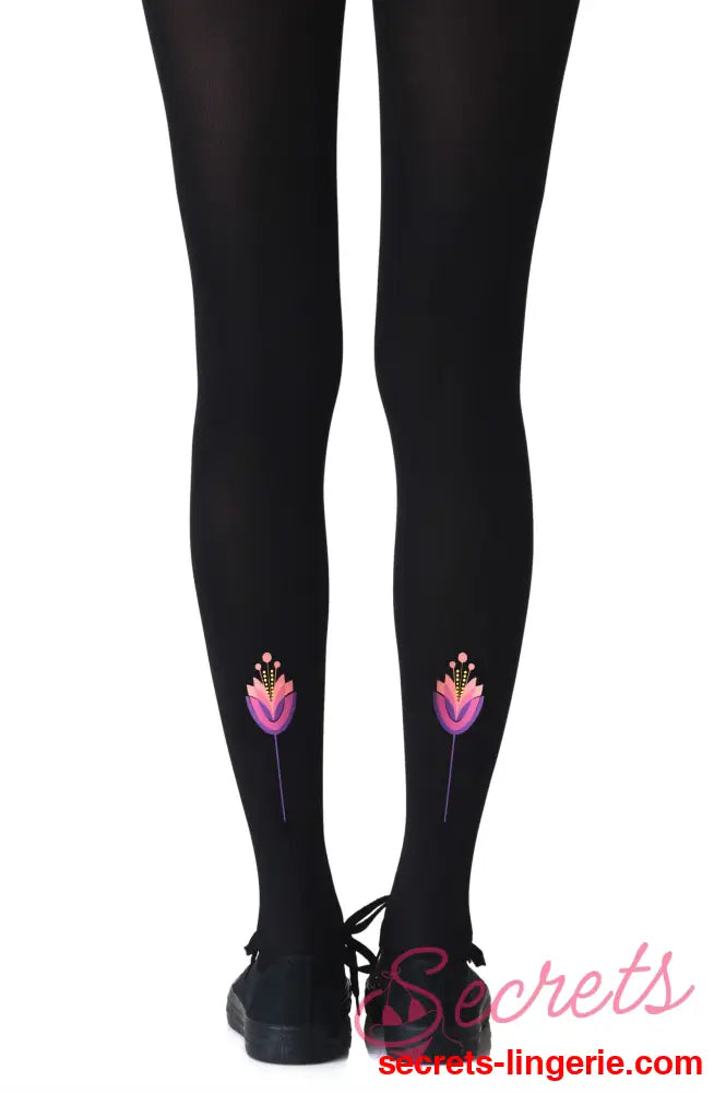 Zohara ’Lotus Position’ Black Print Tights