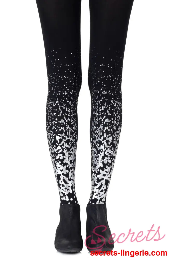 Zohara ’Paint It Black’ Grey Silver Print Tights