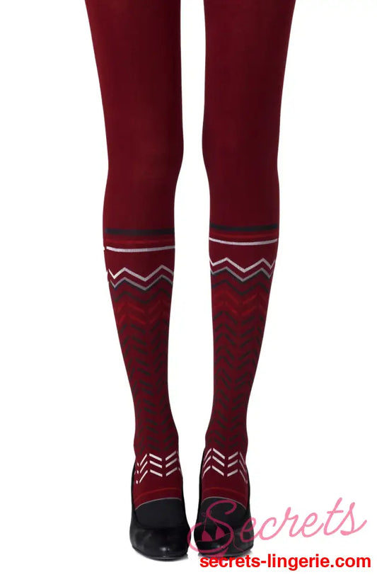 Zohara ’Zig Zag Walk’ Burgundy Print Tights - Burgundy-Black / Size 2